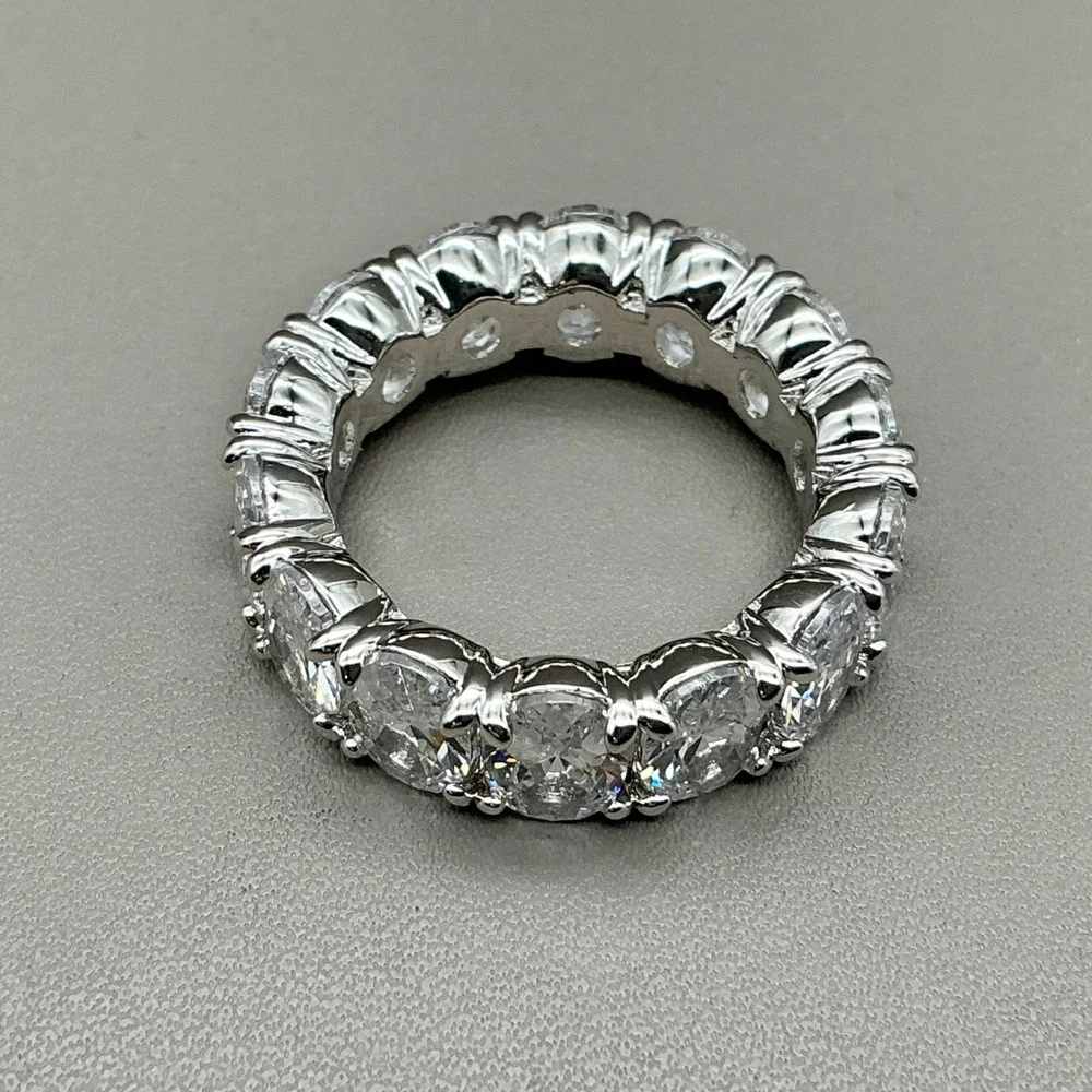 Eamtj Oval Eternity Band Ring Women Silver Tone Cubic Zirconia Statement Sz 7.5
